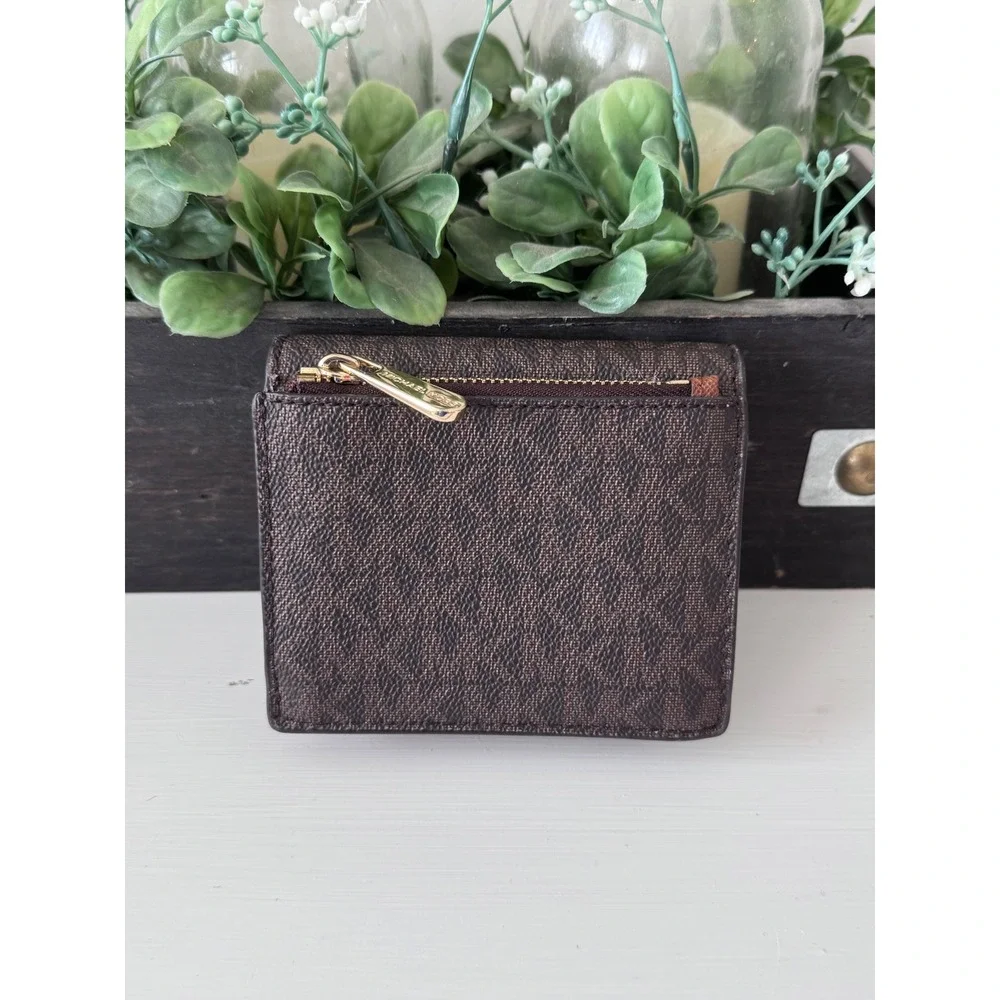 Michael Kors Bifold Wallet Brown Signature Logo Gold Hardware ID Window Pocket